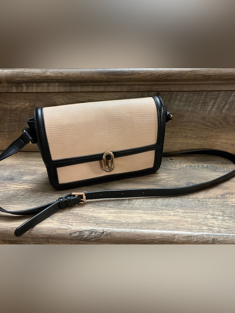 Structured Beige and Black Crossbody Bag with Gold Hardware